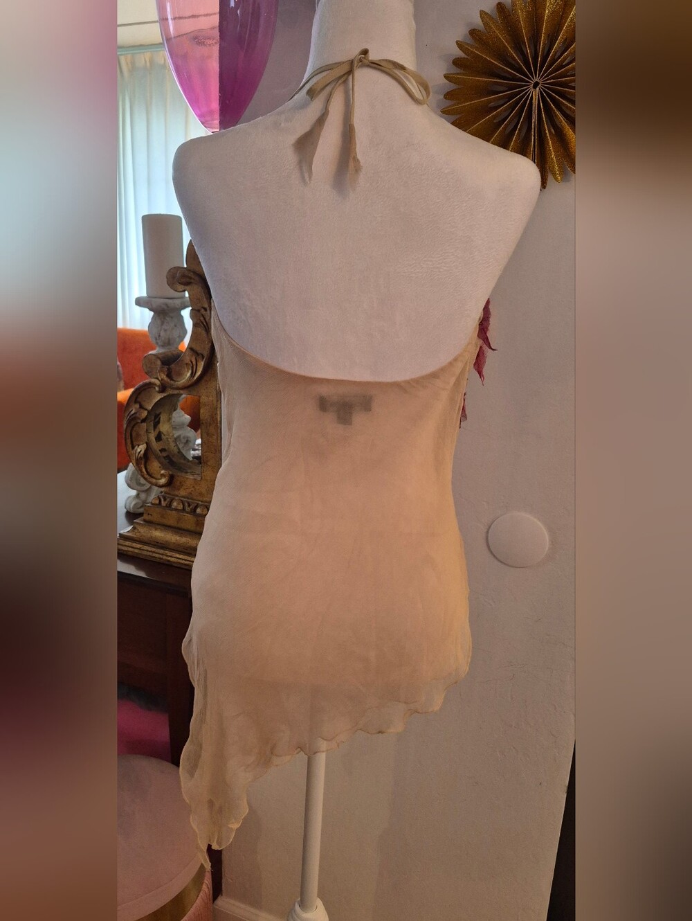 Bebe Sheer Cream Slip Top with Pink Floral Appliqué - Picture 2 of 5